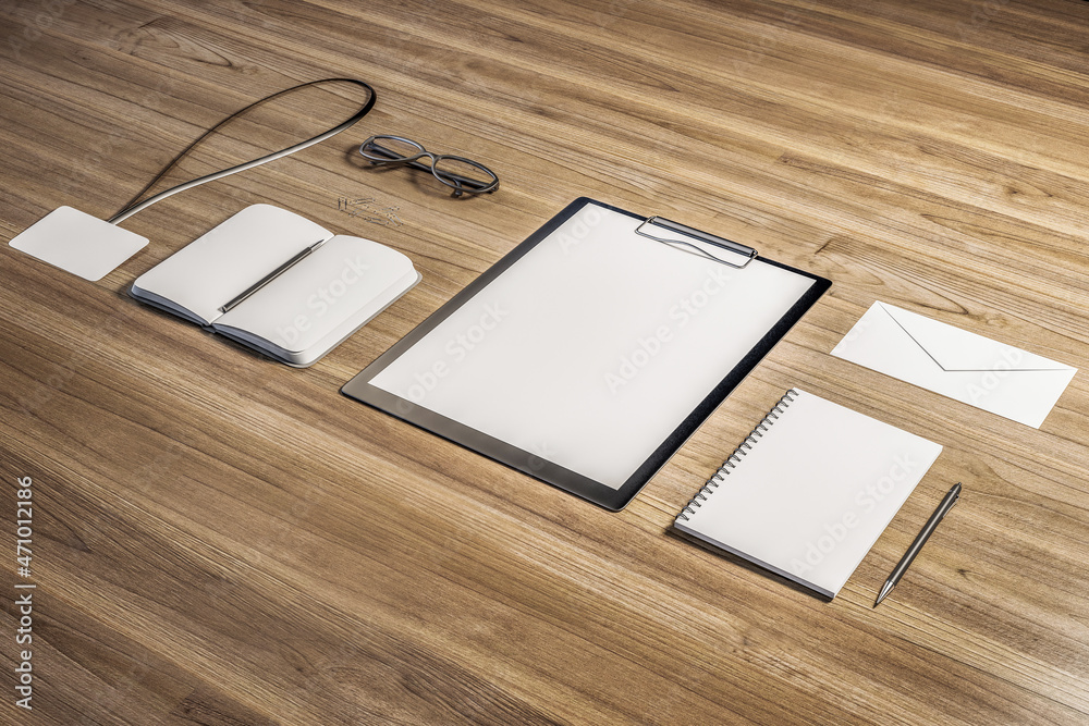 Poster top view and close up of empty office supplies on wooden desk. clipboard, notepad, bad, envelope. mo