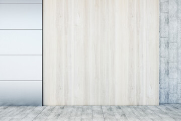 Abstract wooden interior with empty mock up place on concrete tile wall and floor. Exhibition concept. 3D Rendering.
