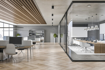 Fototapeta na wymiar Expensive concrete and wooden office interior with glass, partition and furniture, daylight, window with city view. Workplace concept. 3D Rendering.