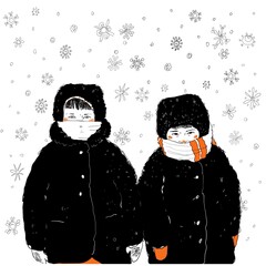 Children in fur coats. Digital illustration, postcard. Winter. New Year - 471012161