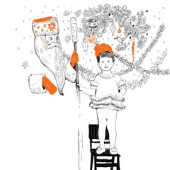 New Year card, Girl and Santa Claus. Digital illustration - 471012163