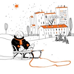 Winter postcard. New Year. A child on a sled. Digital illustration - 471012164