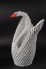 Japanese modular origami. White paper swan against a black backg