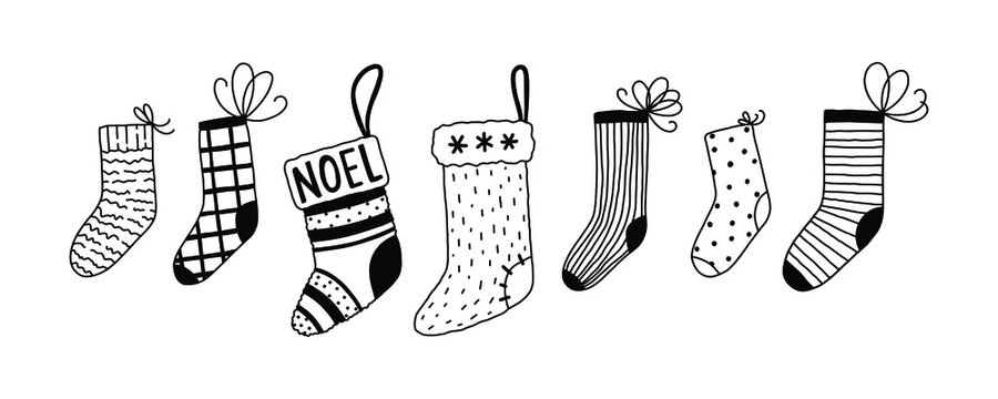Doodle Christmas stocking set. Vector hand drawn socks.