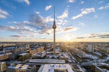 Berlin skyline in winter during sunset with view of the TV tower
