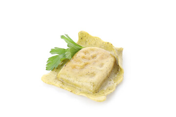 Delicious ravioli isolated on white background, close up