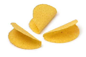 Empty mexican taco shells on white background