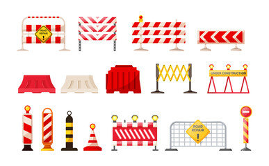 Traffic road repair barriers set. Safety barricade, roadblocks, warning alert signs. Construction fences, warning detour, repair hurdle, safety barricade warning for city street repair works