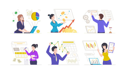 People with business growth graph set. Statistics finance presentation of successful project