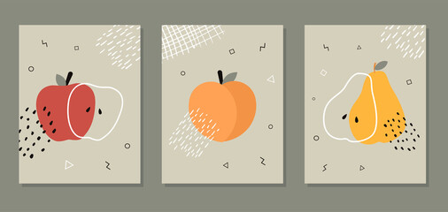 Abstract posters with fruits. Collection of contemporary art. Abstract elements, fruits and for social networks, cards, prints. Memphis style apple, peach and pear. Vector illustration