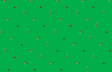 pattern made with Christmas tree, Christmas bell and fir cone with sunny shadow against pastel green  background. Modern adorable retro pattern concept.