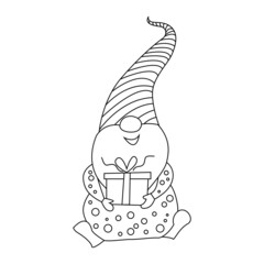 A dwarf with a hat and a gift box. A Christmas gnome with a beard is holding a large gift in his hands. Doodle style outline drawing on a white background. Vector illustration.
