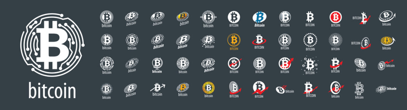 A set of vector Bitcoin logos on a gray background