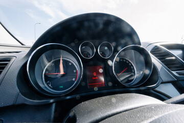 Speed background. Car dashboard panel with speedometer, tachometer. Fast vehicle, no limit concept.