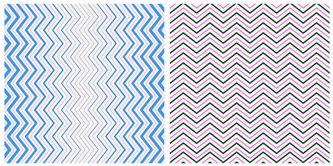 Set of vector seamless geometric patterns. Abstract vertical and horizontal zigzag stripes in pink, green and blue on a light isolated background. 