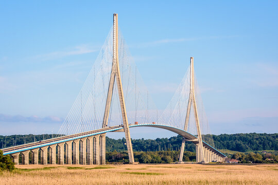Oudalle, France - June 10, 2021: General view of the Normandy bridge, a cable-stayed road bridge over the Seine river linking Le Havre to Honfleur since 1995, seen from the wetlands on the right bank.