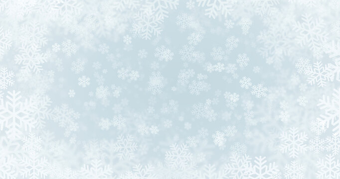 Bright blue background with snowflakes falling 