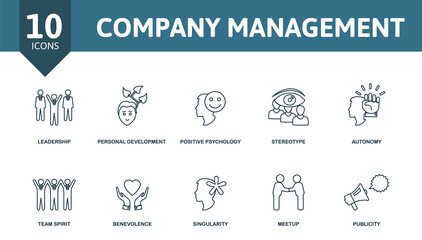 Company Management icon set. Collection of simple elements such as the leadership, personal development, positive psychology, stereotype, meetup, benevolence, publicity.