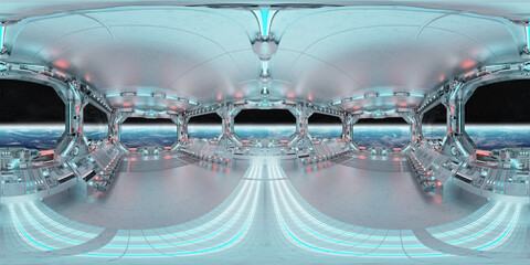 HDRI panoramic view of white blue spaceship interior with windows. High resolution 360 degrees panorama reflection mapping of a futuristic spacecraft 3D rendering © sdecoret
