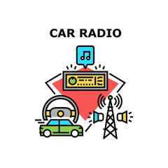 Car Radio Device Vector Icon Concept. Car Radio Device For Listening News And Music. Audio System, Media Player Automobile Electronic Technology And Antenna Tower Color Illustration