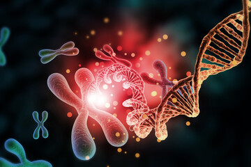 Chromosome structure with dna. 3d illustration.