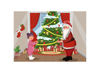 Santa in a cute room gives a present to a little girl for Christmas. Merry Christmas and Happy New Year. 2022 year. Holiday. Celebration. Christmas tree with gifts. Cartoon. Stock Vector Illustration