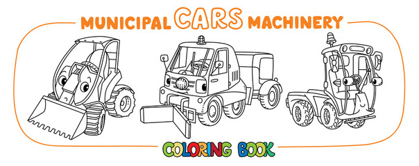 Obraz na płótnie Canvas Funny municipal cars with eyes coloring book set