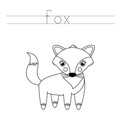 Trace word and color cute cartoon fox.