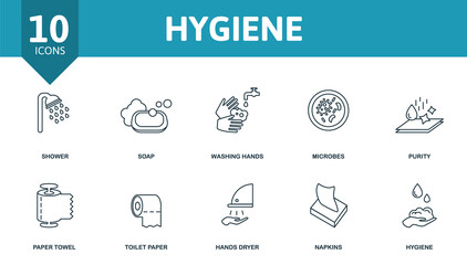 Hygiene icon set. Collection of simple elements such as the shower, soap, washing hands, microbes, napkins, toilet paper, hygiene.