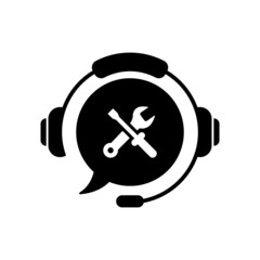 Technical Support Customer Service Silhouette Icon. Headphones and Repair Tools Pictogram. Online Information Hotline and Customer Helpline. Vector Illustration