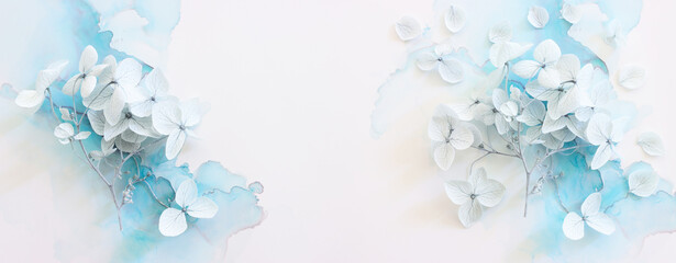 Creative image of pastel blue Hydrangea flowers on artistic ink background. Top view with copy space - obrazy, fototapety, plakaty