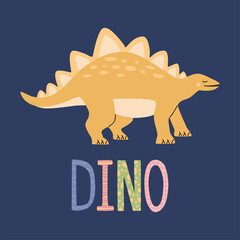 Cute yellow stegosaurus and DINO lettering isolated on blue background. Funny dinosaur with thorns on the back, prehistoric herbivorous animal. Hand drawn flat vector illustration in cartoon style.