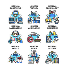 Medical Technology Set Icons Vector Illustrations. Laboratory Medical Technology And Science, World News And Insurance, Medicine Equipment Factory And Ambulance Color Illustrations