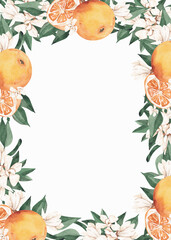 Watercolor orange fruit frame with greenery on white background 