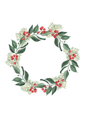 Naklejka premium Watercolor Christmas wreath with greenery and red berries on white background