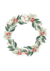 Naklejka premium Watercolor Christmas wreath with greenery and red berries and cotton on white background