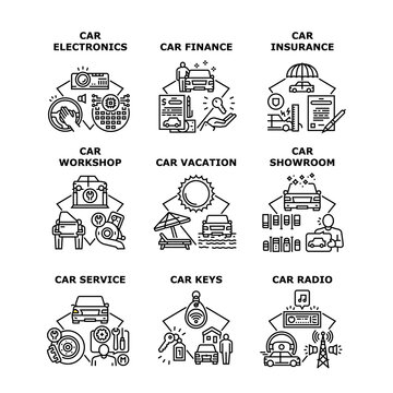 Car Electronics Set Icons Vector Illustrations. Car Electronics And Radio Music Audio Equipment, Finance And Insurance, Service Workshop And Showroom, Vacation And Automobile Keys Black Illustration © vectorwin