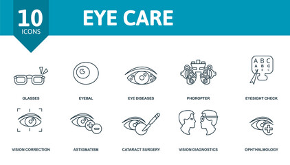 Eye Care icon set. Collection of simple elements such as the contact lenses, blindness, glasses, eyeball, phoropter, vision correction, cataract surgery.