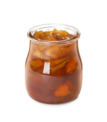 Tasty apple jam in glass jar isolated on white