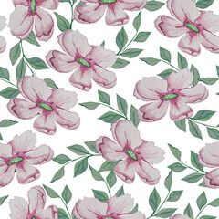 pink watercolor flowers and a green twig blooming in summer and spring pattern.seamless