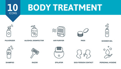 Body Treatment icon set. Collection of simple elements such as the rubber gloves, protective suit, pulverizer, alcohol disinfector, pads, shampoo, epilator.