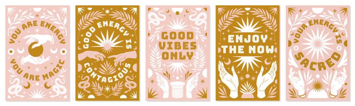 Boho mystical posters with inspirational quotes about energy, magic and good vibes in trendy bohemian style.
