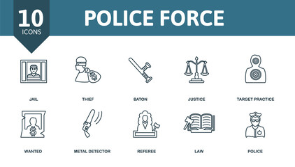 Police Force icon set. Collection of simple elements such as the pistol, police car, jail, thief, justice, wanted, referee.