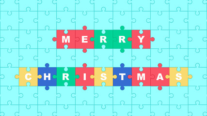 The word merry christmas on connected jigsaw puzzle pieces. Freely arranged alphabet. Vector illustration.