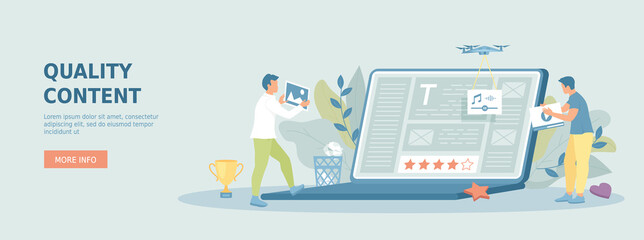 High quality content for social media, blogging, content development, content writing. Best SEO. Promotional web banner. Cartoon flat vector illustration with people characters.