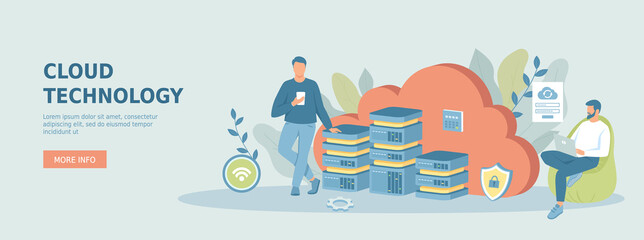 Cloud technology. Web hosting and file storage, computer data transfer backup to cloud. Internet data exchange  technology. Promotional web banner. Cartoon vector illustration with people characters