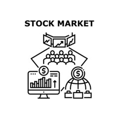 Stock Market Vector Icon Concept. Stock Market Commerce And Business, Analysis Trade Infographic On Computer Screen And World International Investment Management Black Illustration