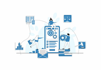 Concept Law, Justice. Legal service, services of a lawyer, notary. Men against the backdrop of the city discuss legal issues, a woman works on a laptop. Vector flat illustration on a white background.