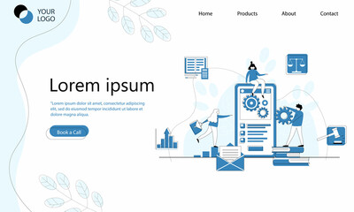 Legal advice banner. Online assistance of lawyer for regulation legal issues for compliance to rules. Vector landing page of advocate services with illustration of scales and phone call.