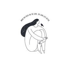 Illustration of a sitting girl hugging her knees with a bird on her shoulder.